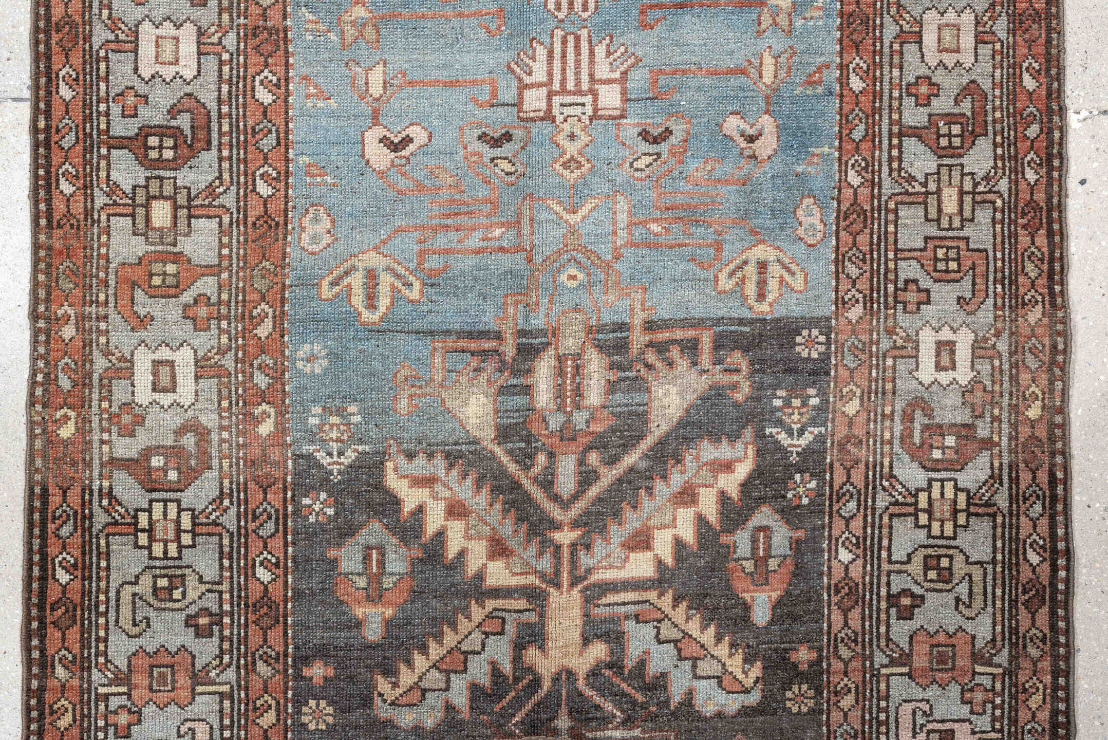 3' x 9' one-of-a-kind handmade antique Hamadan runner rug. Color palette: sky blue, rust, ivory, charcoal, slate, rose