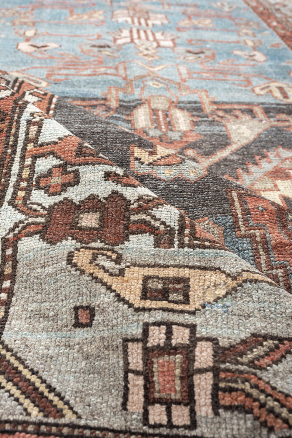 3' x 9' one-of-a-kind handmade antique Hamadan runner rug. Color palette: sky blue, rust, ivory, charcoal, slate, rose