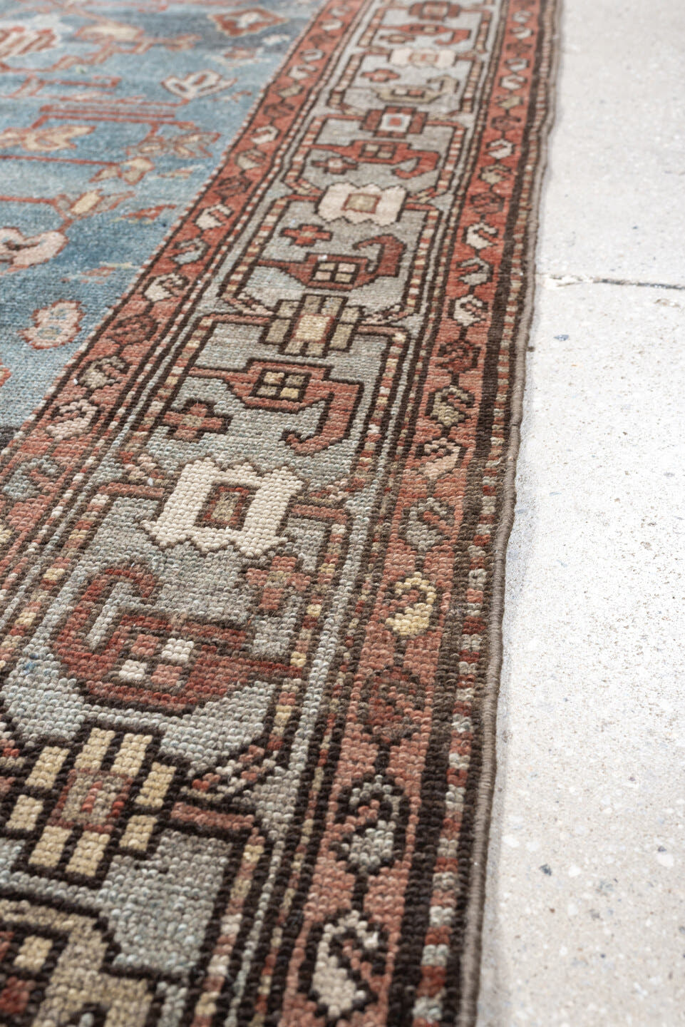 3' x 9' one-of-a-kind handmade antique Hamadan runner rug. Color palette: sky blue, rust, ivory, charcoal, slate, rose