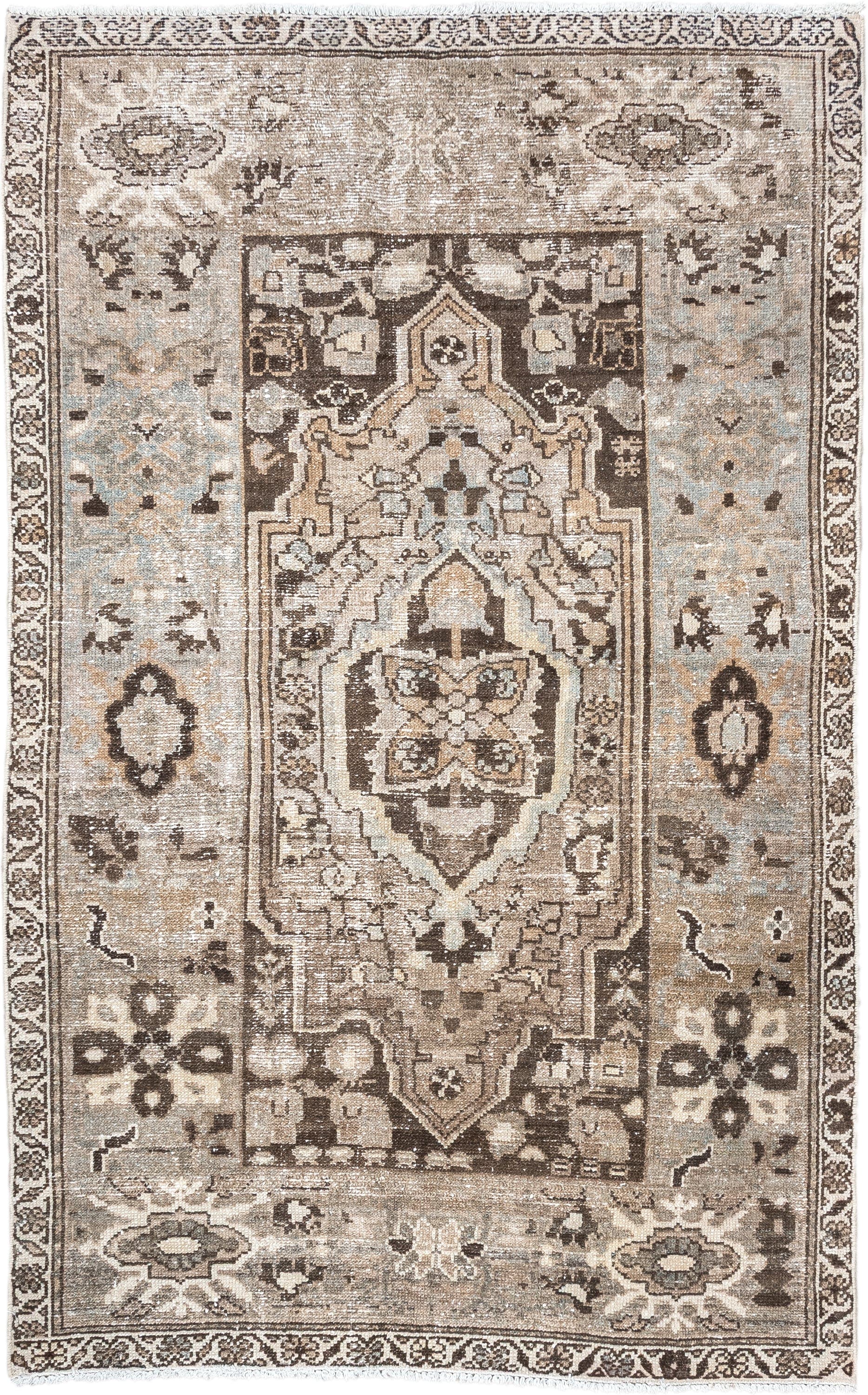 3' x 6' one-of-a-kind handmade antique Malayer small size rug. Color palette: taupe, ivory, brown, pale blue, camel