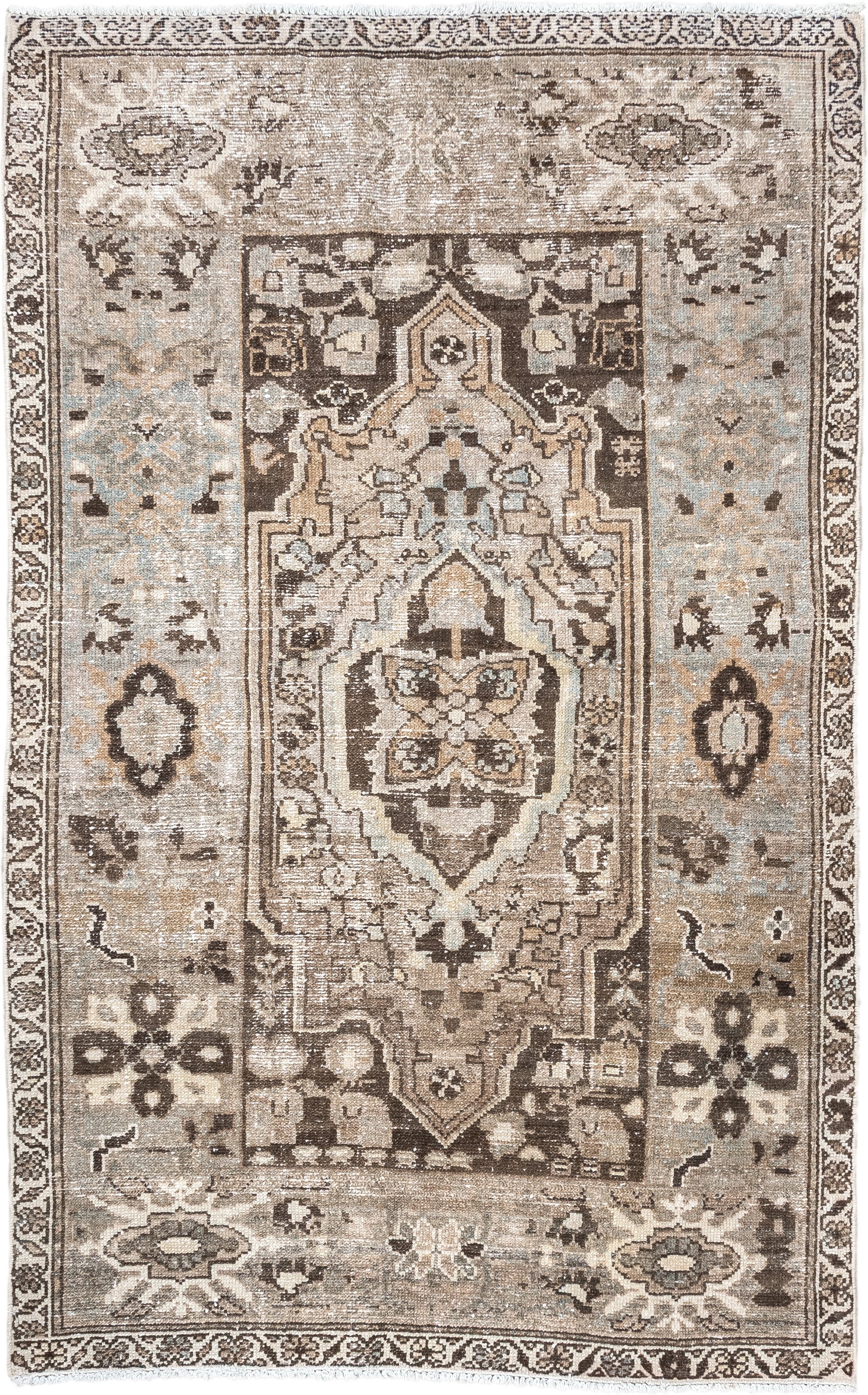 3' x 6' one-of-a-kind handmade antique Malayer small size rug. Color palette: taupe, ivory, brown, pale blue, camel