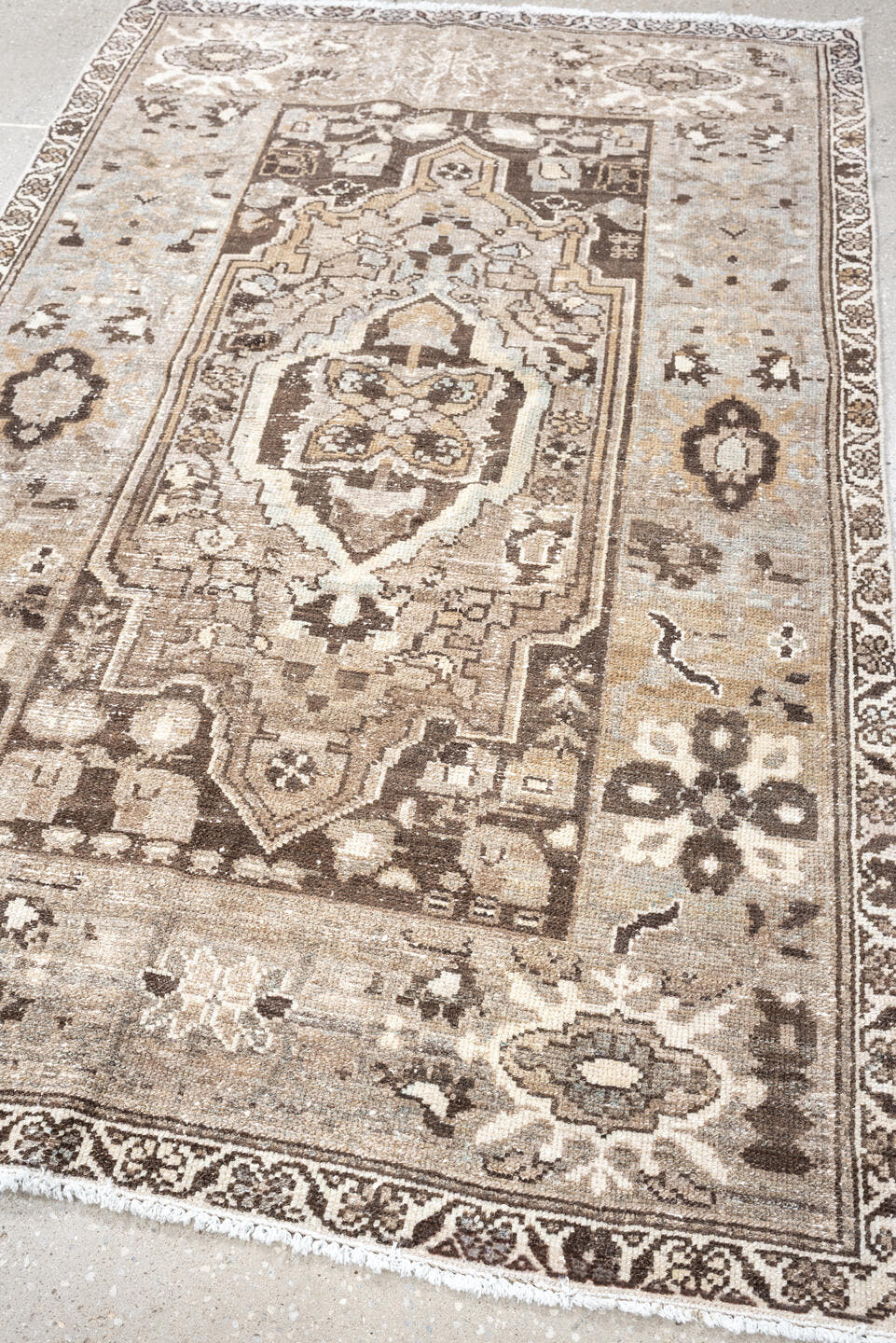 3' x 6' one-of-a-kind handmade antique Malayer small size rug. Color palette: taupe, ivory, brown, pale blue, camel