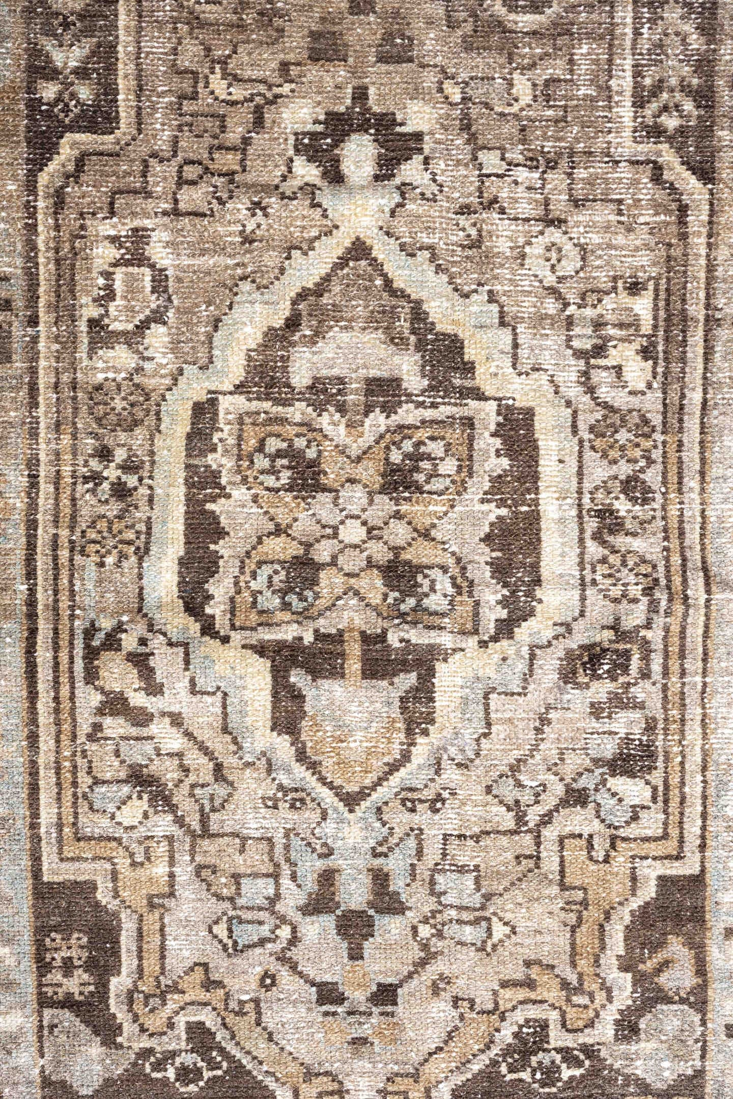 3' x 6' one-of-a-kind handmade antique Malayer small size rug. Color palette: taupe, ivory, brown, pale blue, camel