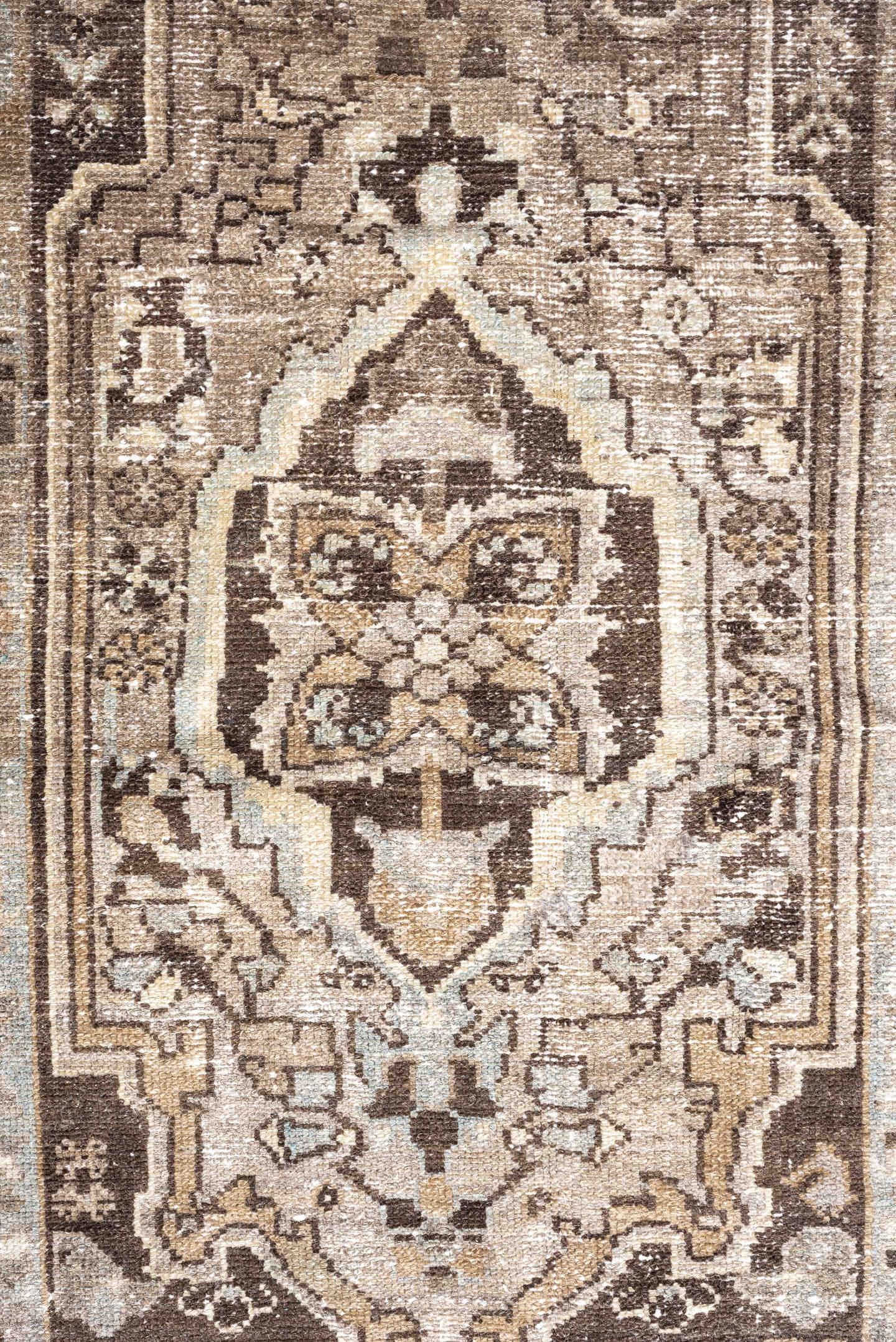 3' x 6' one-of-a-kind handmade antique Malayer small size rug. Color palette: taupe, ivory, brown, pale blue, camel