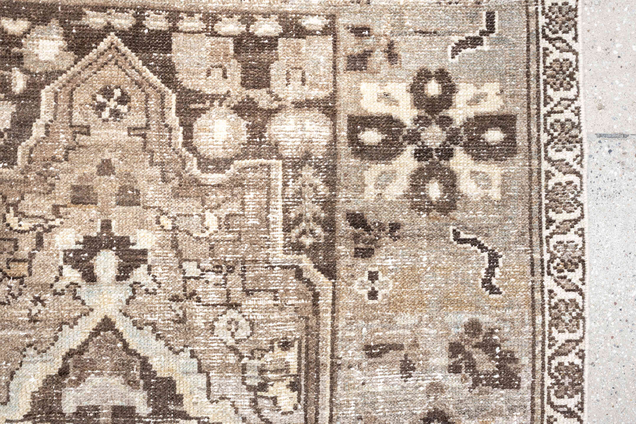 3' x 6' one-of-a-kind handmade antique Malayer small size rug. Color palette: taupe, ivory, brown, pale blue, camel