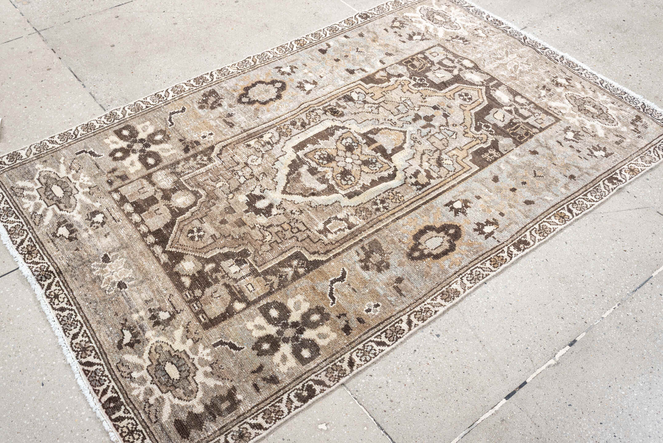 3' x 6' one-of-a-kind handmade antique Malayer small size rug. Color palette: taupe, ivory, brown, pale blue, camel