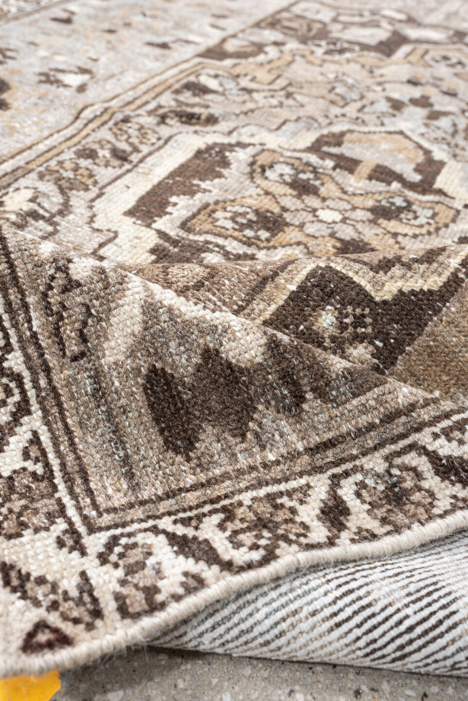 3' x 6' one-of-a-kind handmade antique Malayer small size rug. Color palette: taupe, ivory, brown, pale blue, camel
