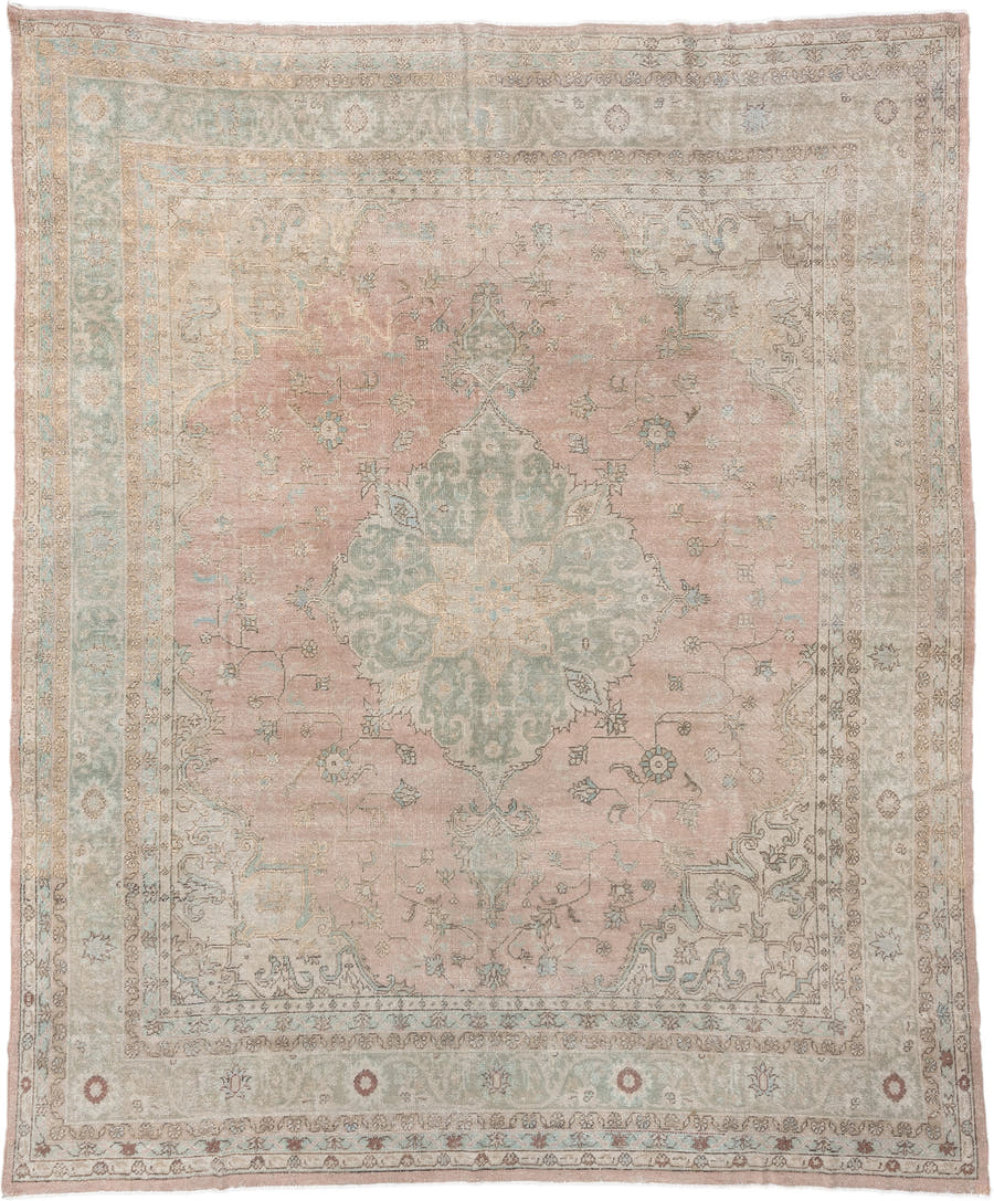 10' x 13' one-of-a-kind handmade antique Oushak oversize rug. Color palette: blush, ivory, pale aqua, taupe, beige, sage