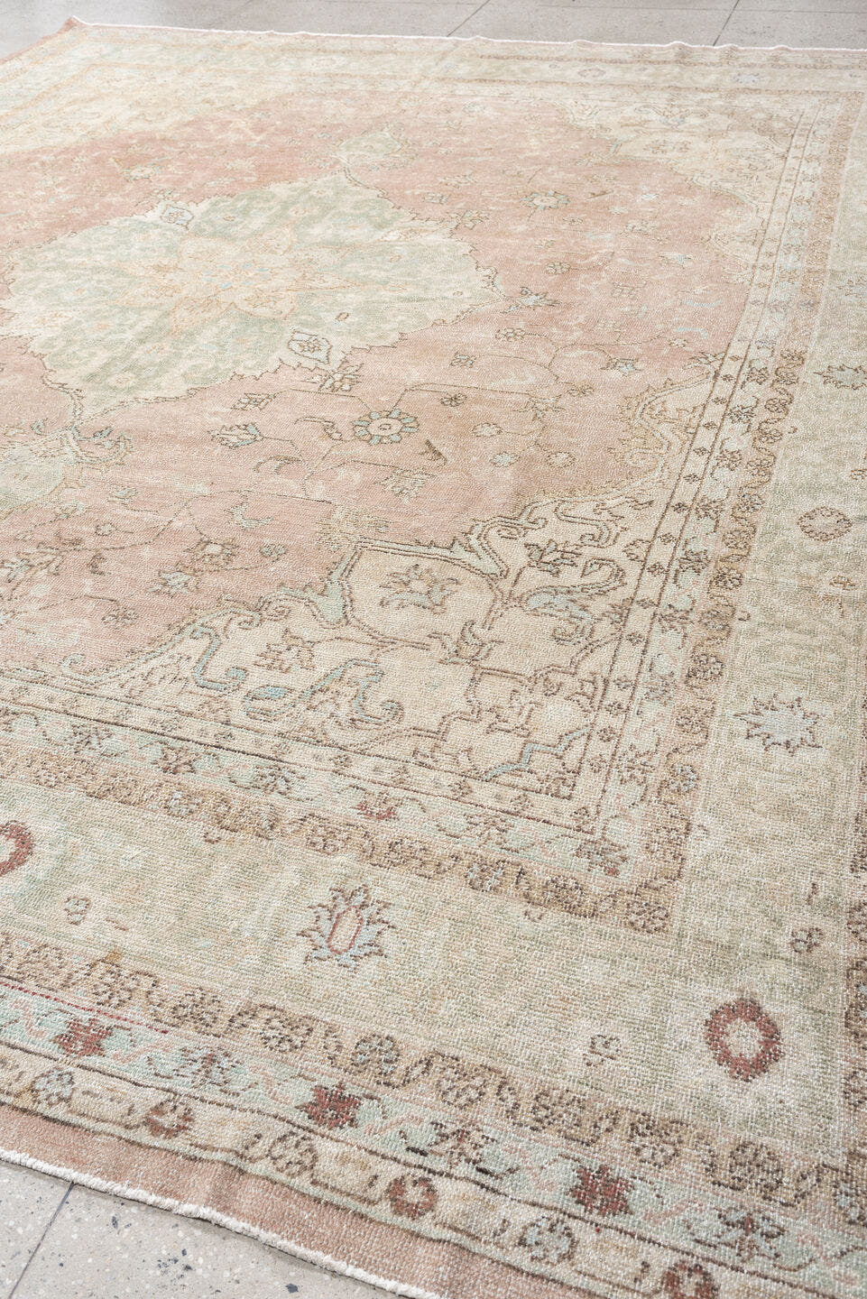 10' x 13' one-of-a-kind handmade antique Oushak oversize rug. Color palette: blush, ivory, pale aqua, taupe, beige, sage