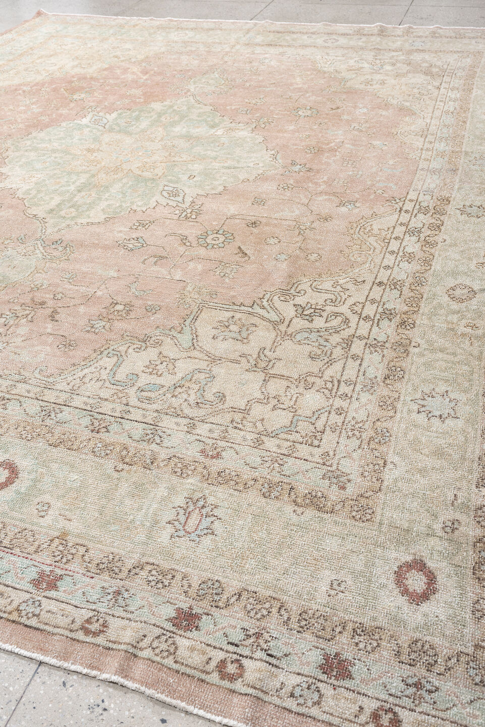 10' x 13' one-of-a-kind handmade antique Oushak oversize rug. Color palette: blush, ivory, pale aqua, taupe, beige, sage
