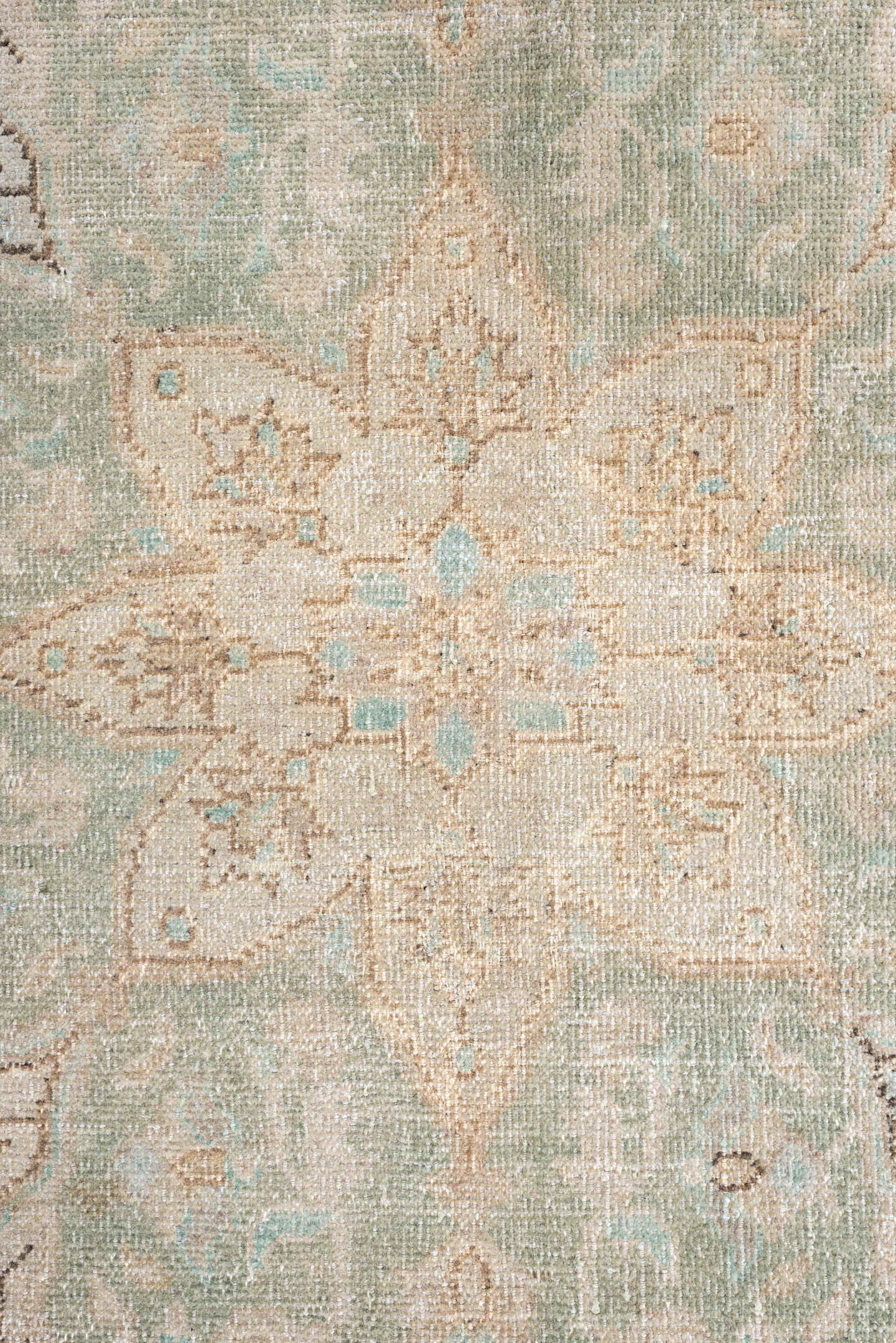 10' x 13' one-of-a-kind handmade antique Oushak oversize rug. Color palette: blush, ivory, pale aqua, taupe, beige, sage