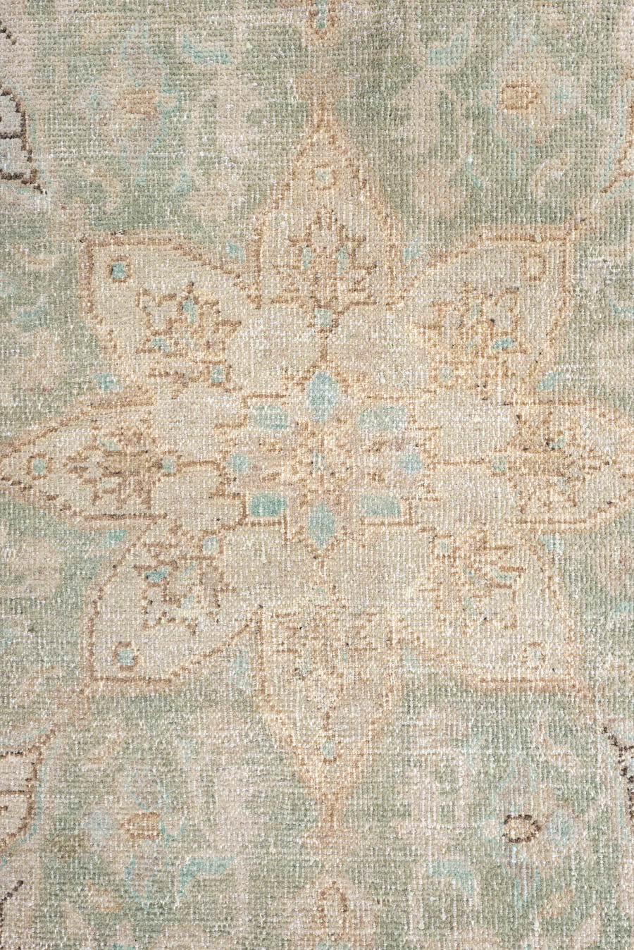 10' x 13' one-of-a-kind handmade antique Oushak oversize rug. Color palette: blush, ivory, pale aqua, taupe, beige, sage