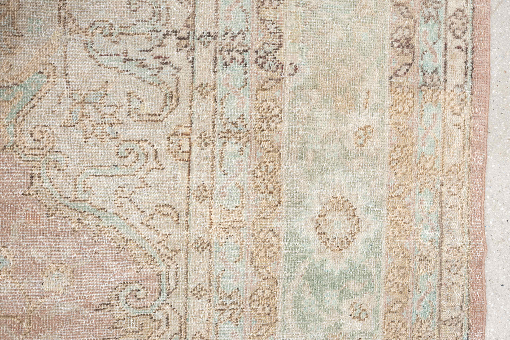 10' x 13' one-of-a-kind handmade antique Oushak oversize rug. Color palette: blush, ivory, pale aqua, taupe, beige, sage