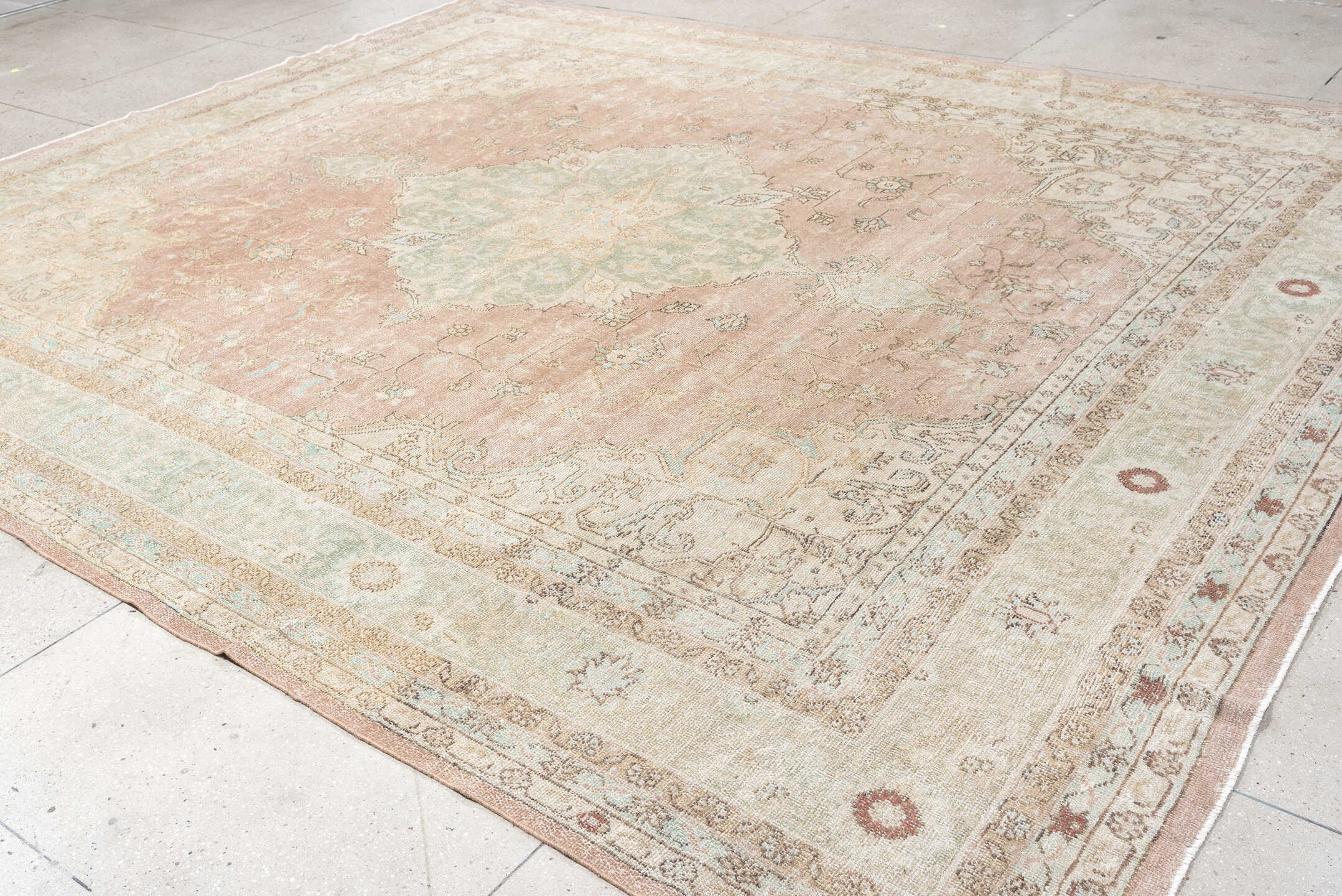 10' x 13' one-of-a-kind handmade antique Oushak oversize rug. Color palette: blush, ivory, pale aqua, taupe, beige, sage