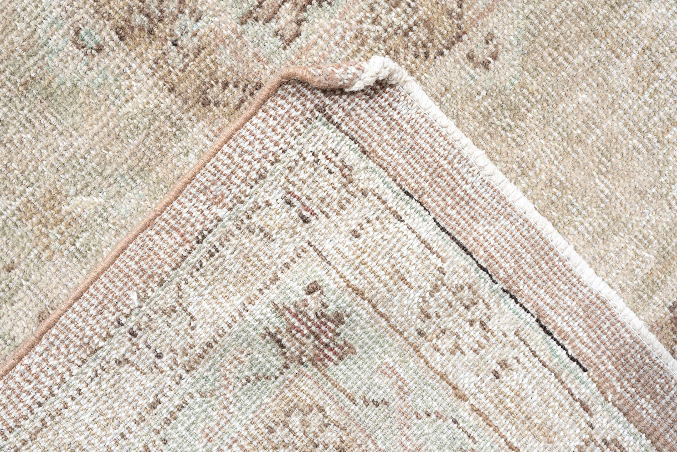 10' x 13' one-of-a-kind handmade antique Oushak oversize rug. Color palette: blush, ivory, pale aqua, taupe, beige, sage
