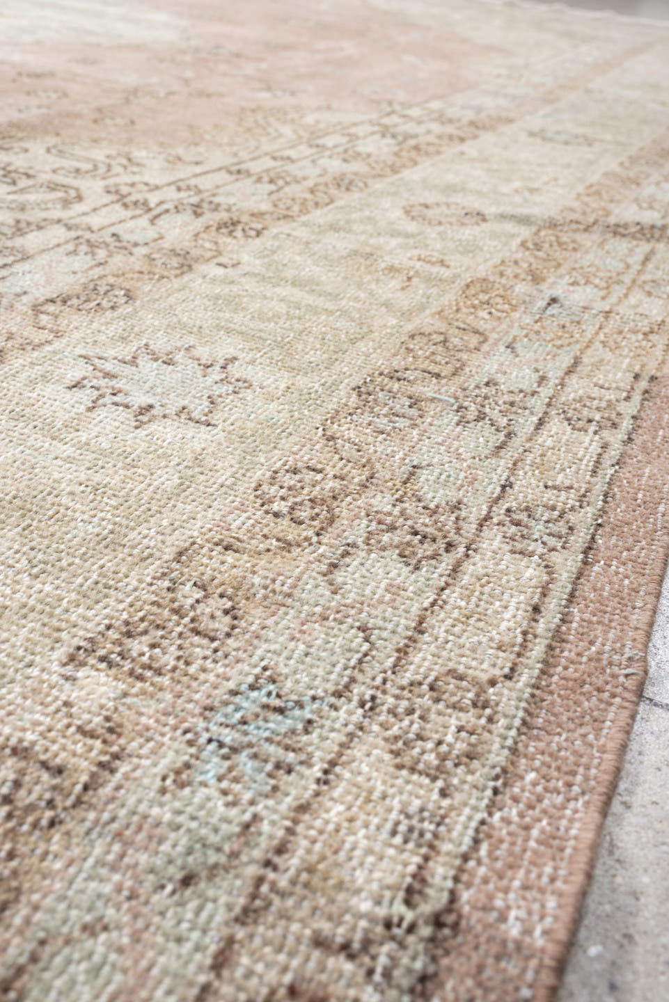 10' x 13' one-of-a-kind handmade antique Oushak oversize rug. Color palette: blush, ivory, pale aqua, taupe, beige, sage