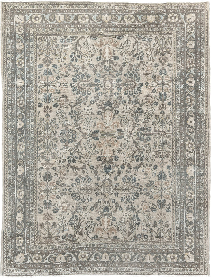 9' x 11' one-of-a-kind handmade antique Bibikabad large size rug. Color palette: ivory, taupe, slate, beige, camel, sage