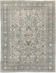 9' x 11' one-of-a-kind handmade antique Bibikabad large size rug. Color palette: ivory, taupe, slate, beige, camel, sage