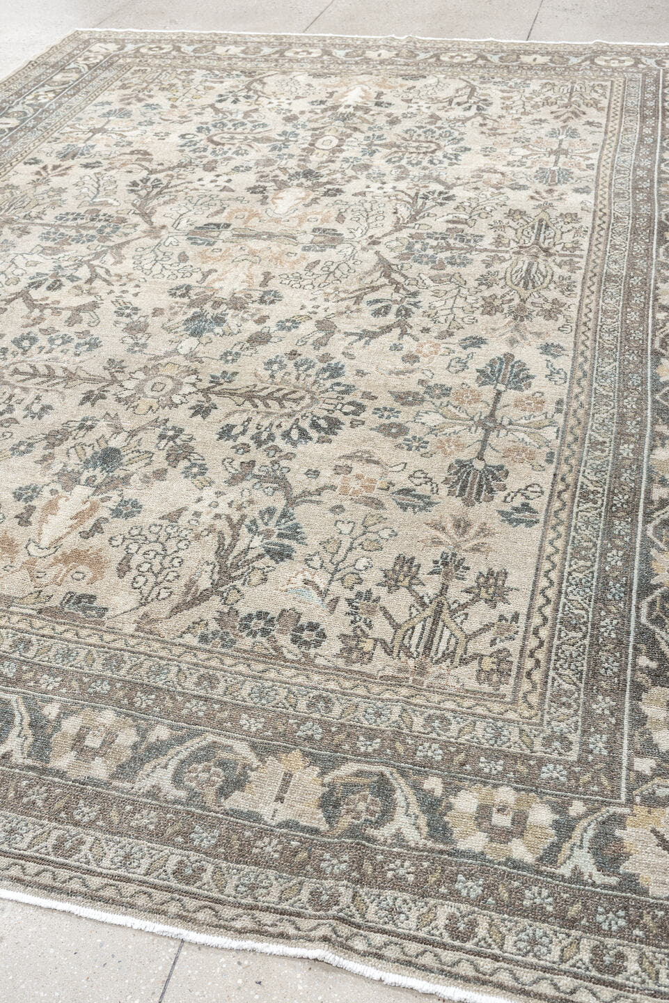 9' x 11' one-of-a-kind handmade antique Bibikabad large size rug. Color palette: ivory, taupe, slate, beige, camel, sage
