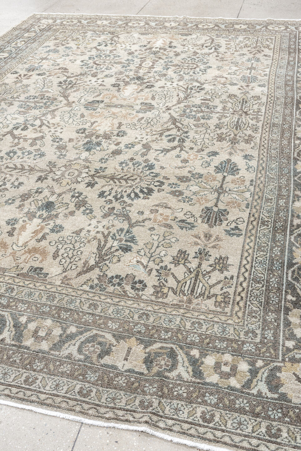 9' x 11' one-of-a-kind handmade antique Bibikabad large size rug. Color palette: ivory, taupe, slate, beige, camel, sage