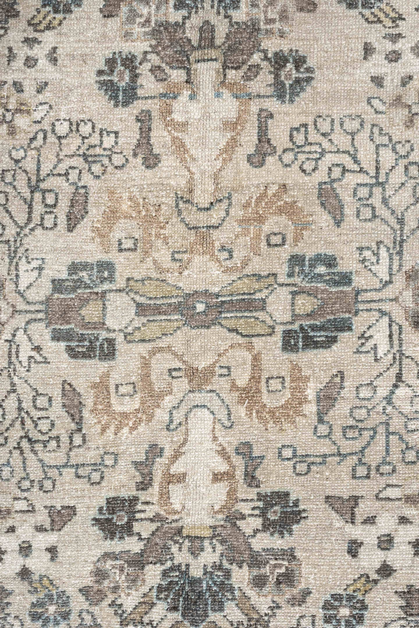 9' x 11' one-of-a-kind handmade antique Bibikabad large size rug. Color palette: ivory, taupe, slate, beige, camel, sage