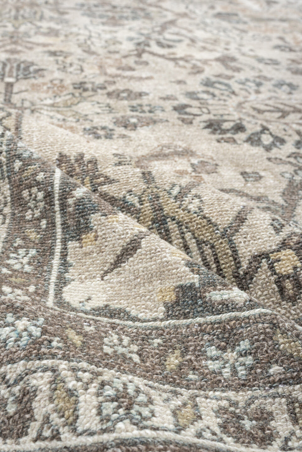 9' x 11' one-of-a-kind handmade antique Bibikabad large size rug. Color palette: ivory, taupe, slate, beige, camel, sage