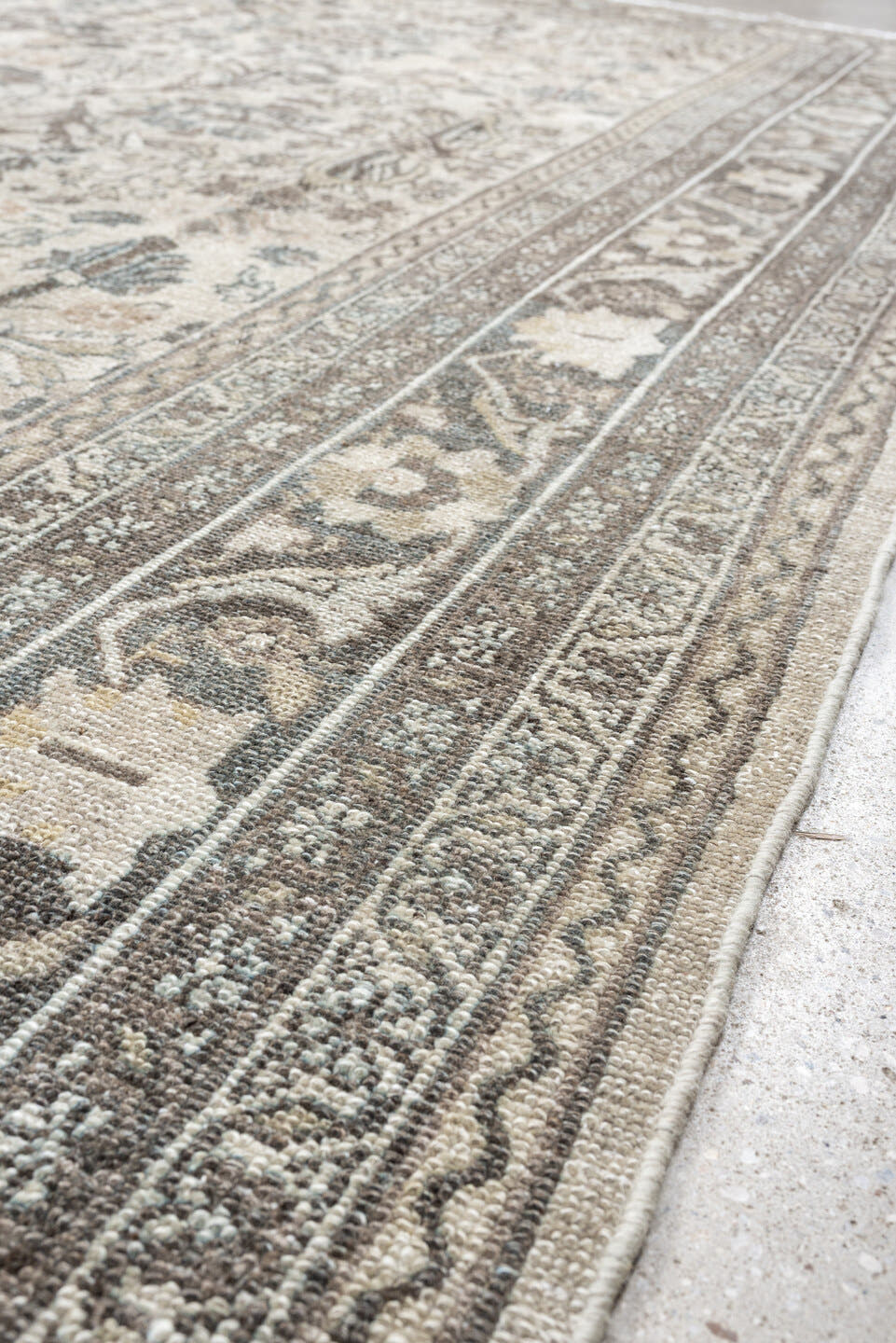 9' x 11' one-of-a-kind handmade antique Bibikabad large size rug. Color palette: ivory, taupe, slate, beige, camel, sage