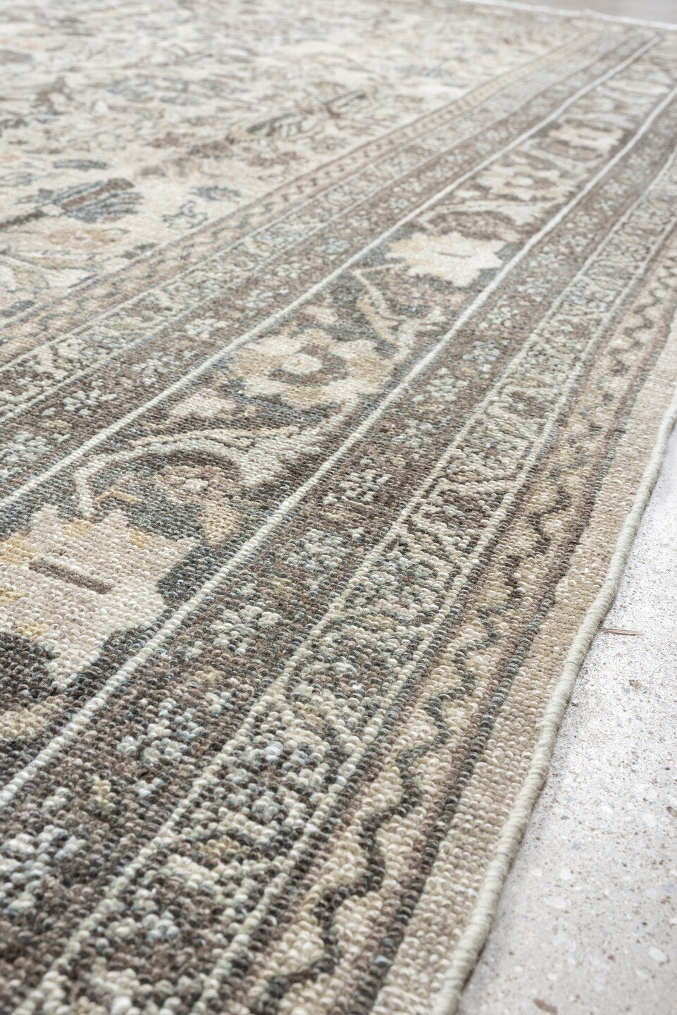 9' x 11' one-of-a-kind handmade antique Bibikabad large size rug. Color palette: ivory, taupe, slate, beige, camel, sage