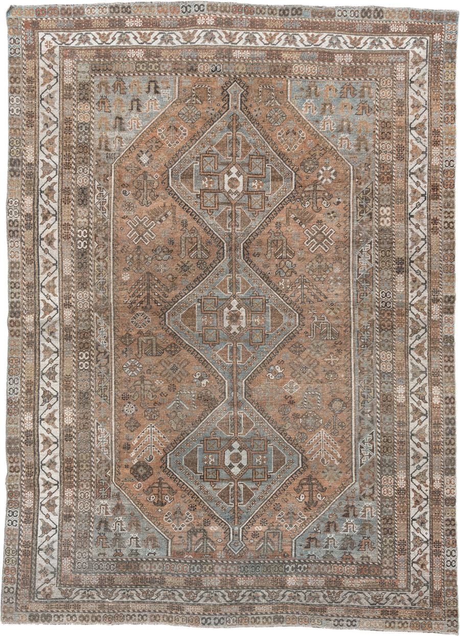 7' x 10' one-of-a-kind handmade antique Shiraz large size rug. Color palette: terra cotta, sky blue, ivory, taupe, brown