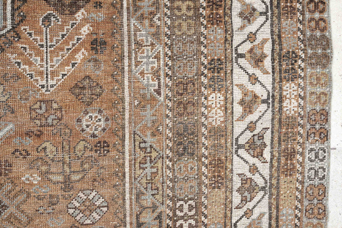 7' x 10' one-of-a-kind handmade antique Shiraz large size rug. Color palette: terra cotta, sky blue, ivory, taupe, brown