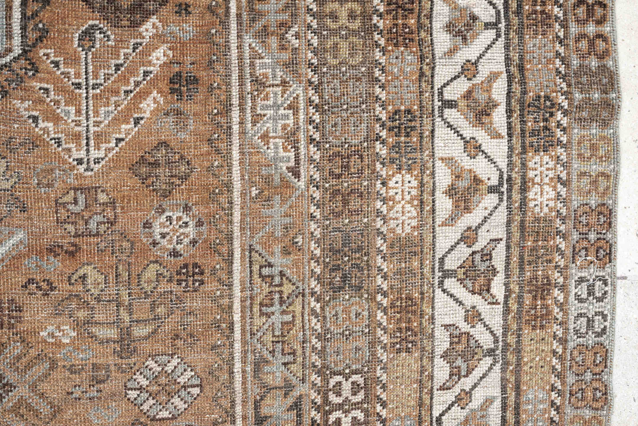 7' x 10' one-of-a-kind handmade antique Shiraz large size rug. Color palette: terra cotta, sky blue, ivory, taupe, brown