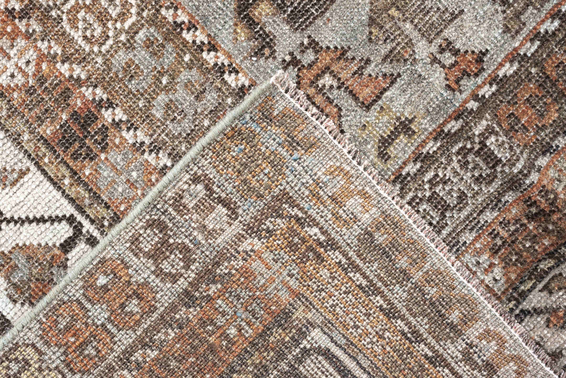 7' x 10' one-of-a-kind handmade antique Shiraz large size rug. Color palette: terra cotta, sky blue, ivory, taupe, brown