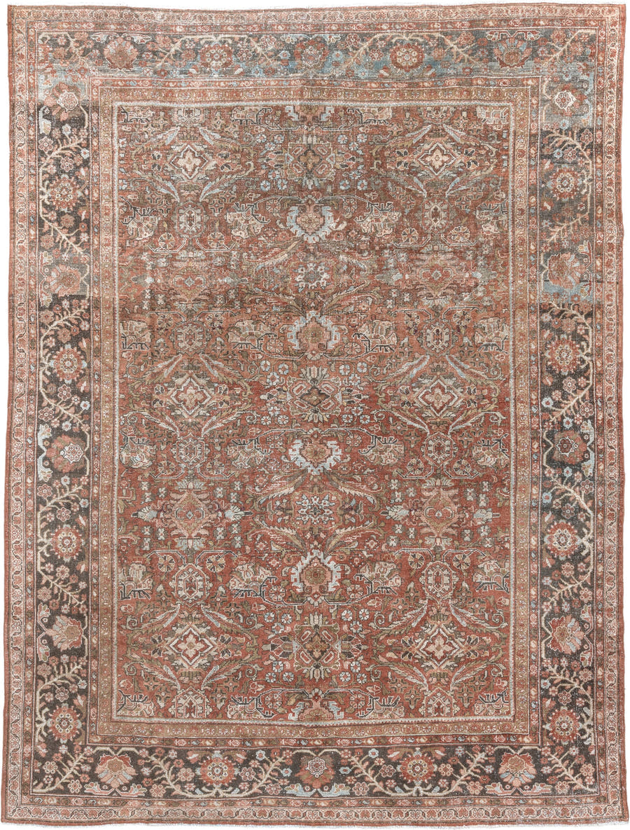 9' x 11' one-of-a-kind handmade antique Mahal large size rug. Color palette: terra cotta, brown, ivory, slate, camel