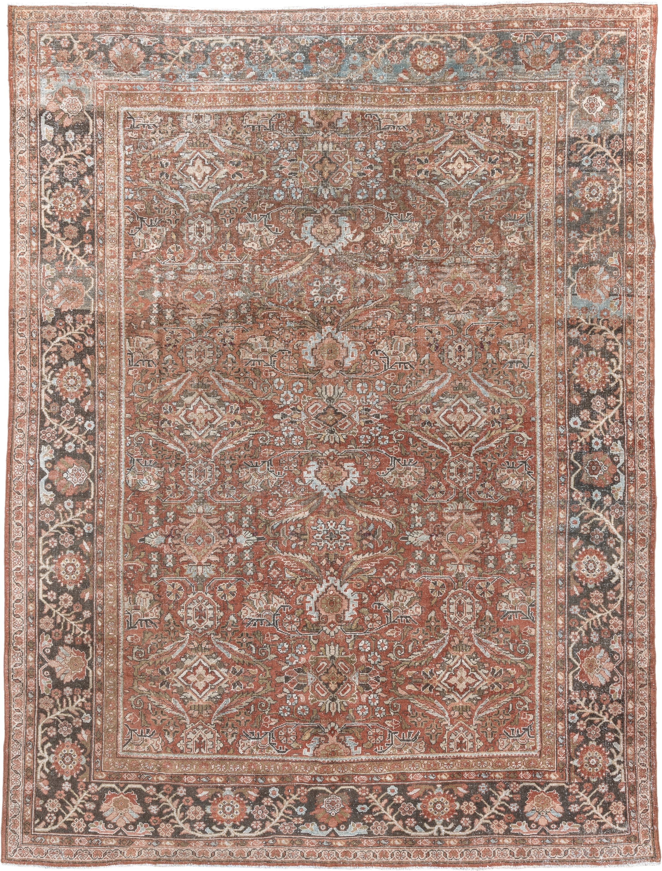 9' x 11' one-of-a-kind handmade antique Mahal large size rug. Color palette: terra cotta, brown, ivory, slate, camel