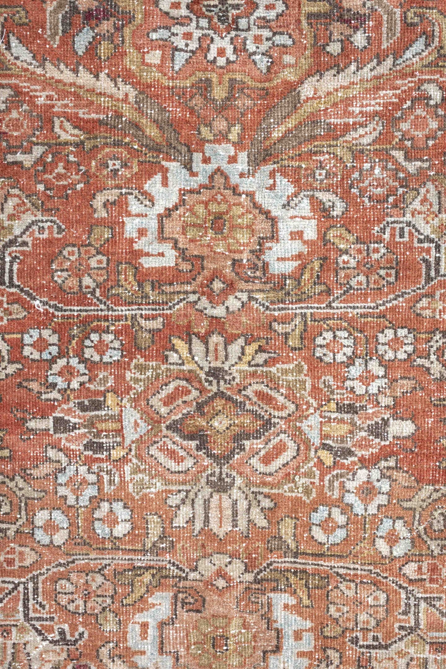 9' x 11' one-of-a-kind handmade antique Mahal large size rug. Color palette: terra cotta, brown, ivory, slate, camel