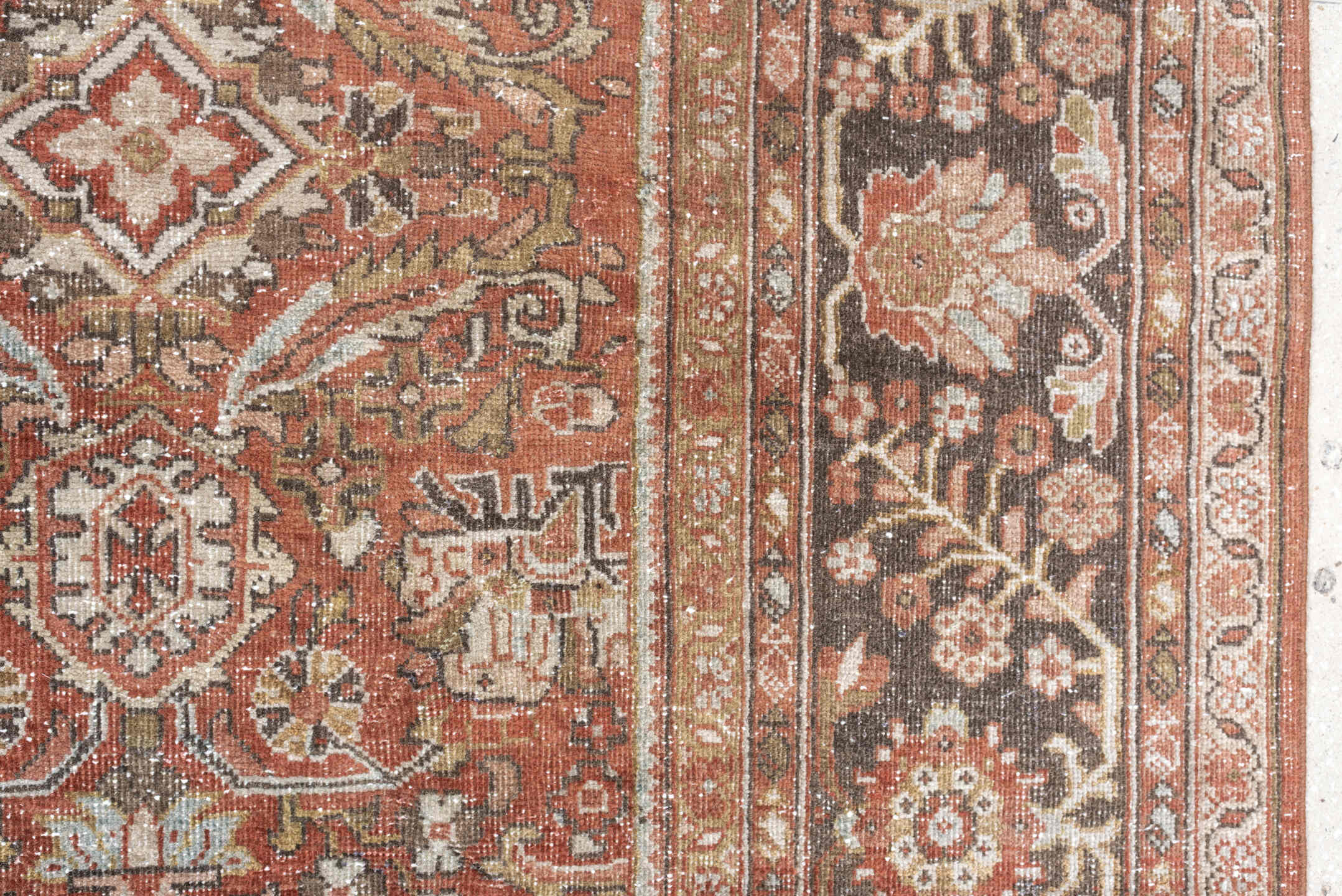 9' x 11' one-of-a-kind handmade antique Mahal large size rug. Color palette: terra cotta, brown, ivory, slate, camel