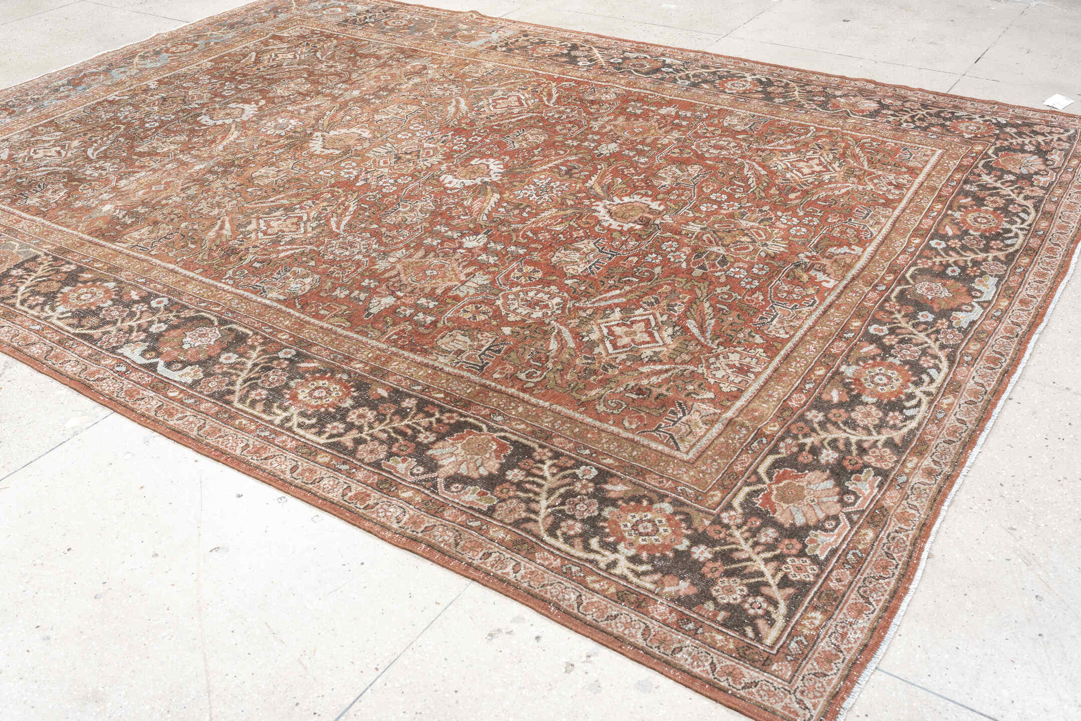 9' x 11' one-of-a-kind handmade antique Mahal large size rug. Color palette: terra cotta, brown, ivory, slate, camel