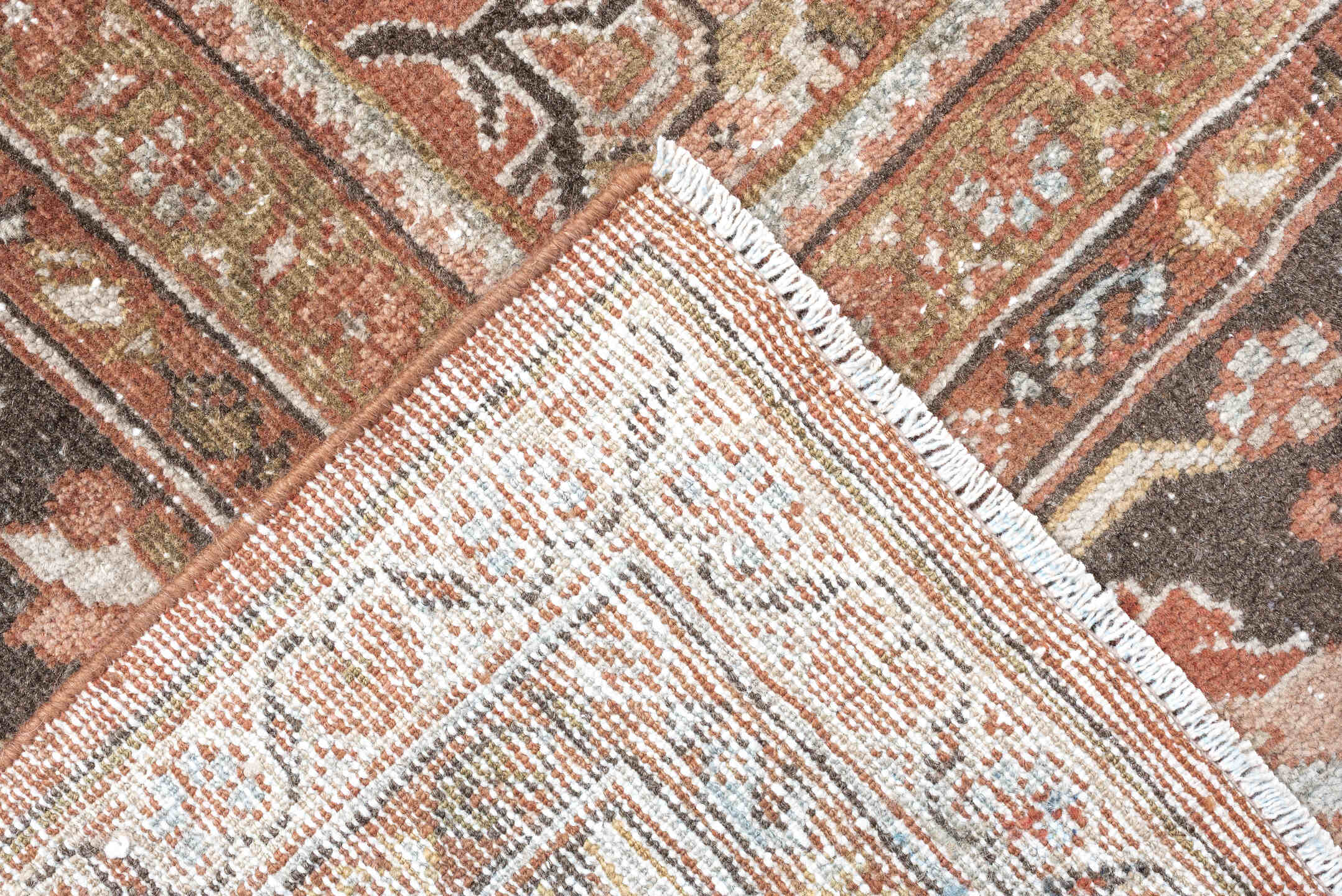 9' x 11' one-of-a-kind handmade antique Mahal large size rug. Color palette: terra cotta, brown, ivory, slate, camel