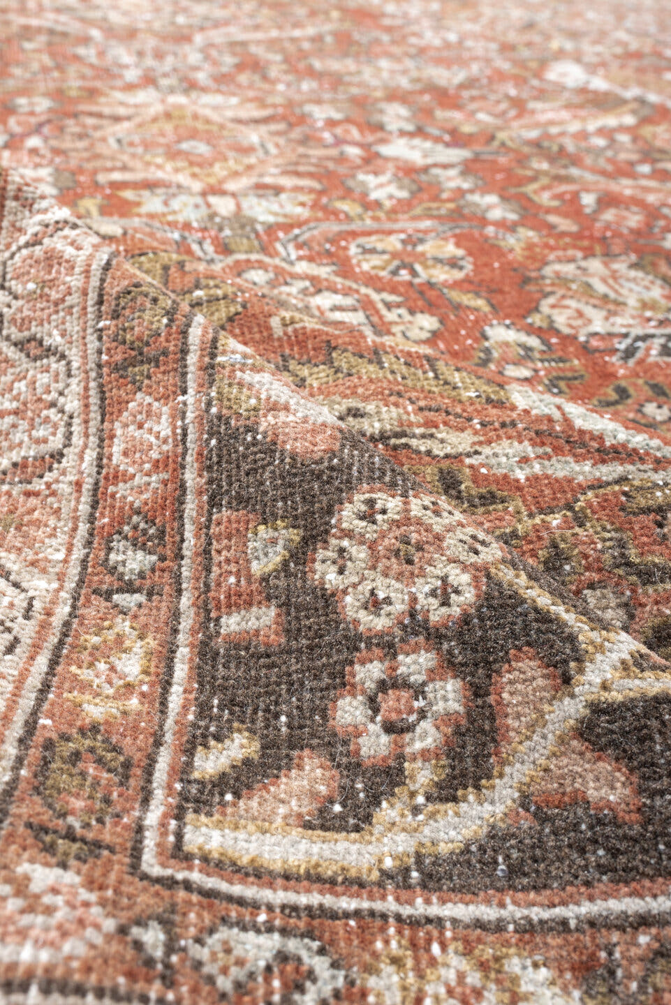 9' x 11' one-of-a-kind handmade antique Mahal large size rug. Color palette: terra cotta, brown, ivory, slate, camel