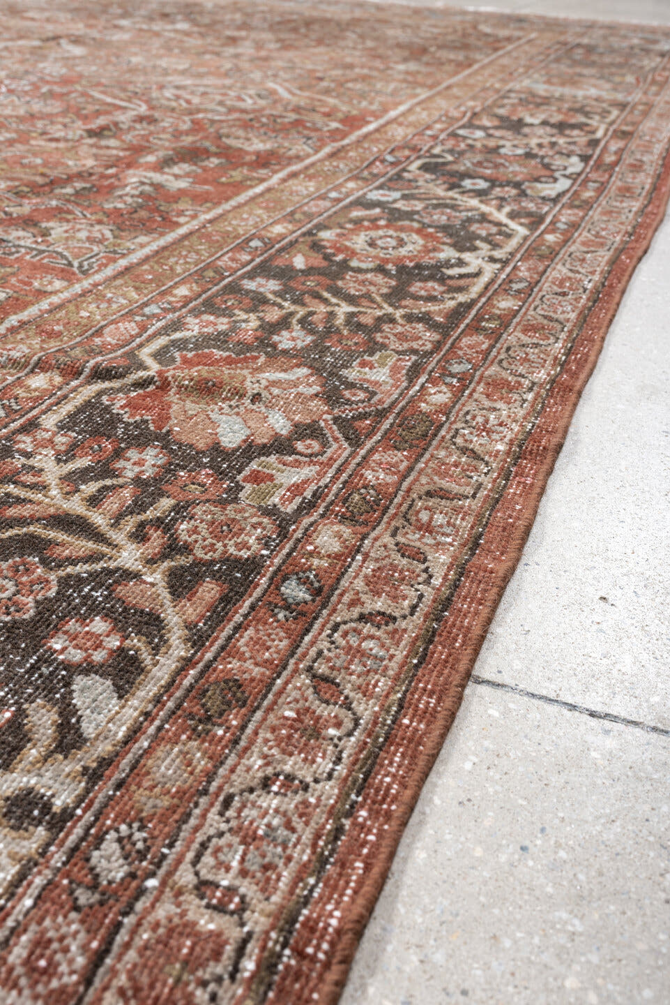 9' x 11' one-of-a-kind handmade antique Mahal large size rug. Color palette: terra cotta, brown, ivory, slate, camel