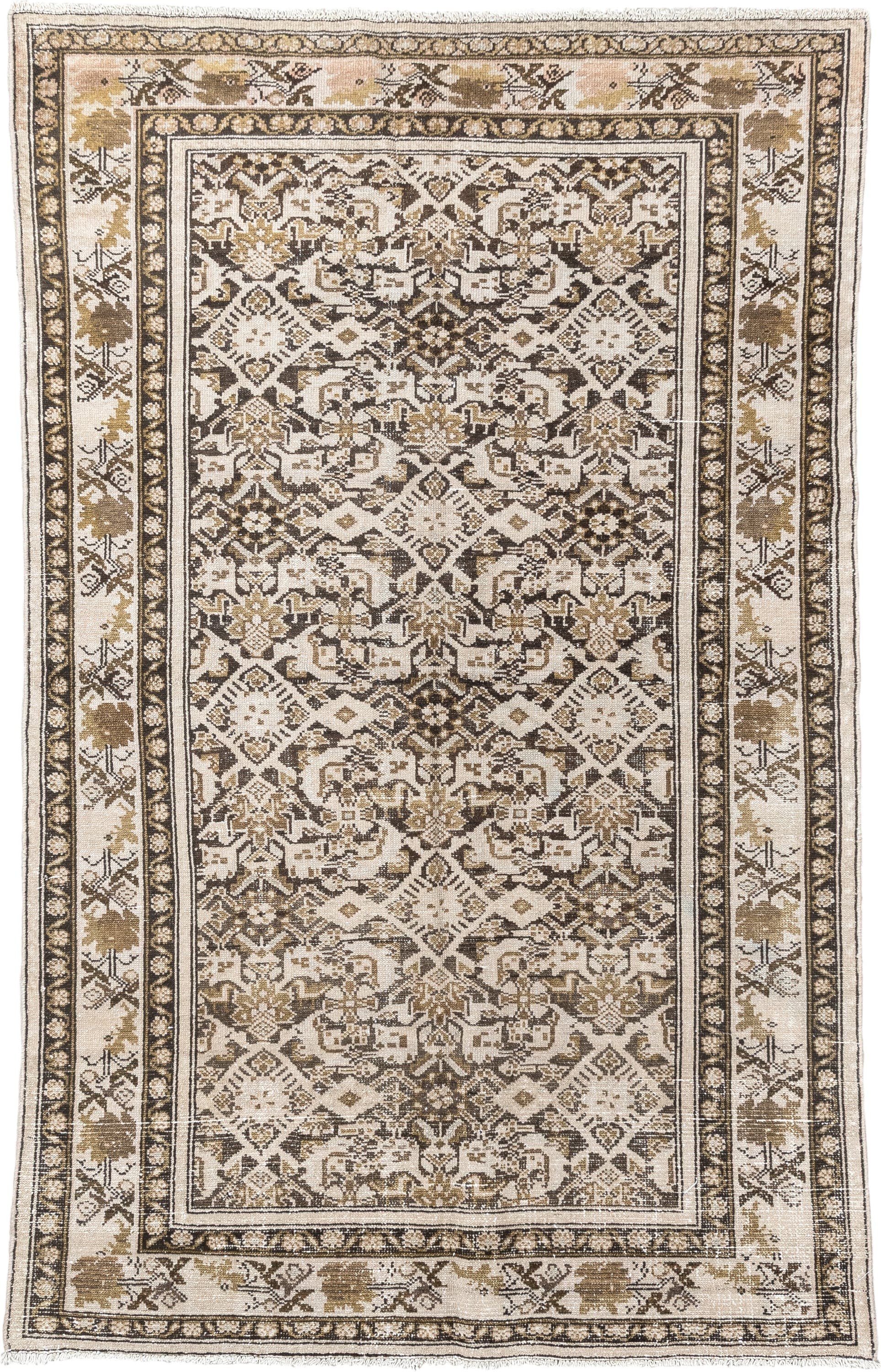 3' x 6' one-of-a-kind handmade antique Malayer small size rug. Color palette: ivory, taupe, camel, charcoal, gold, beige