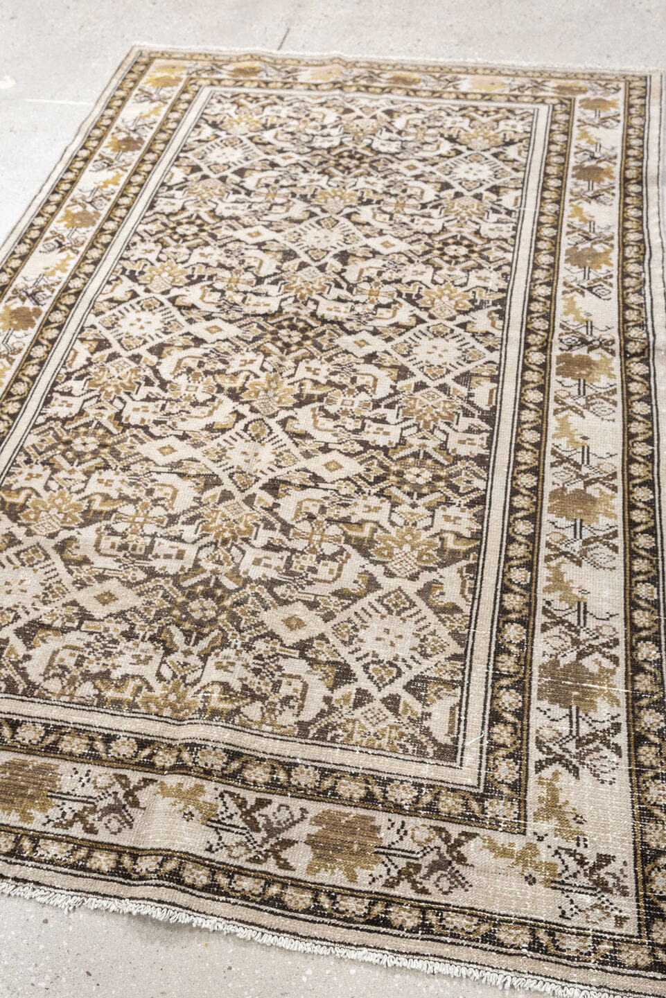 3' x 6' one-of-a-kind handmade antique Malayer small size rug. Color palette: ivory, taupe, camel, charcoal, gold, beige