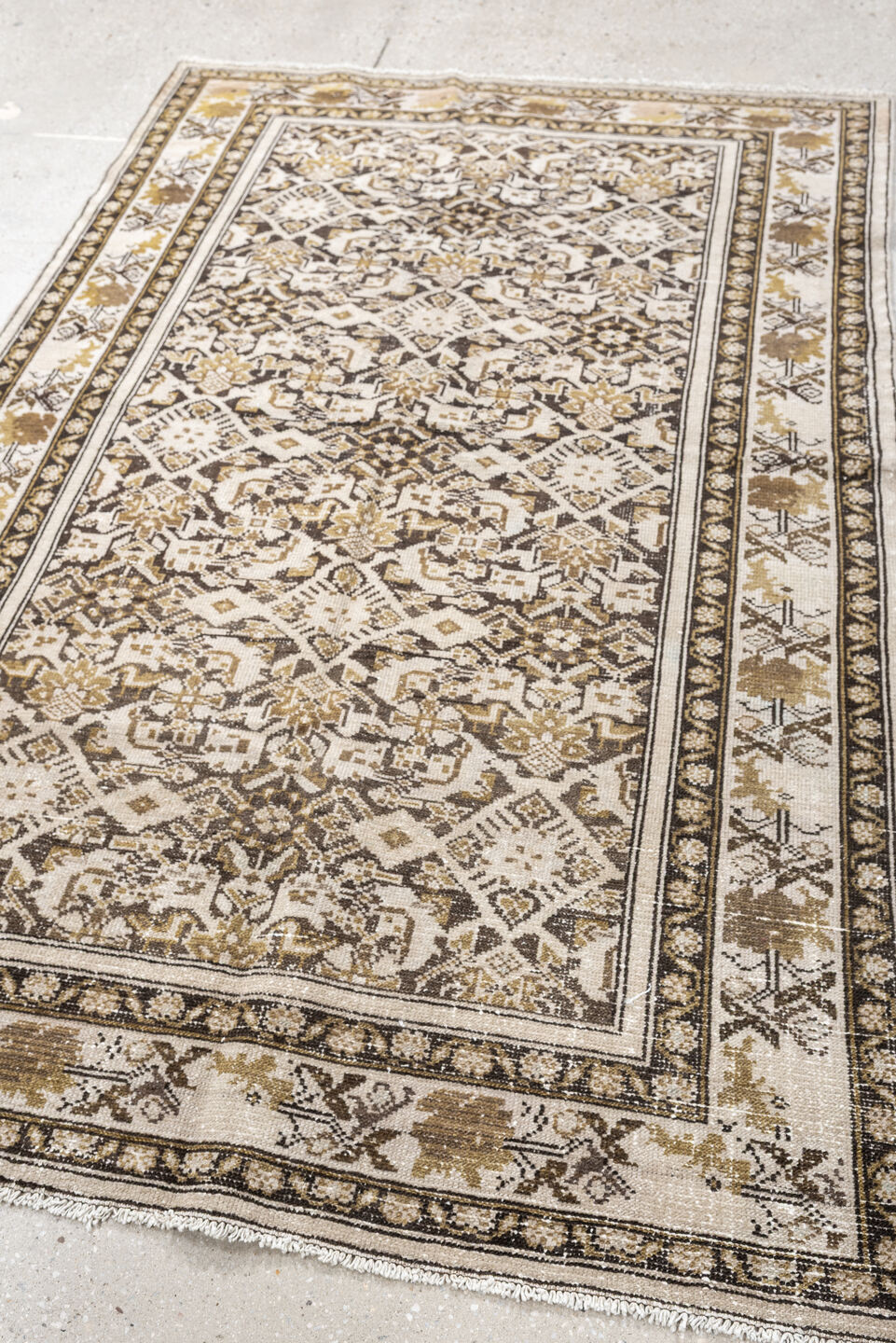 3' x 6' one-of-a-kind handmade antique Malayer small size rug. Color palette: ivory, taupe, camel, charcoal, gold, beige