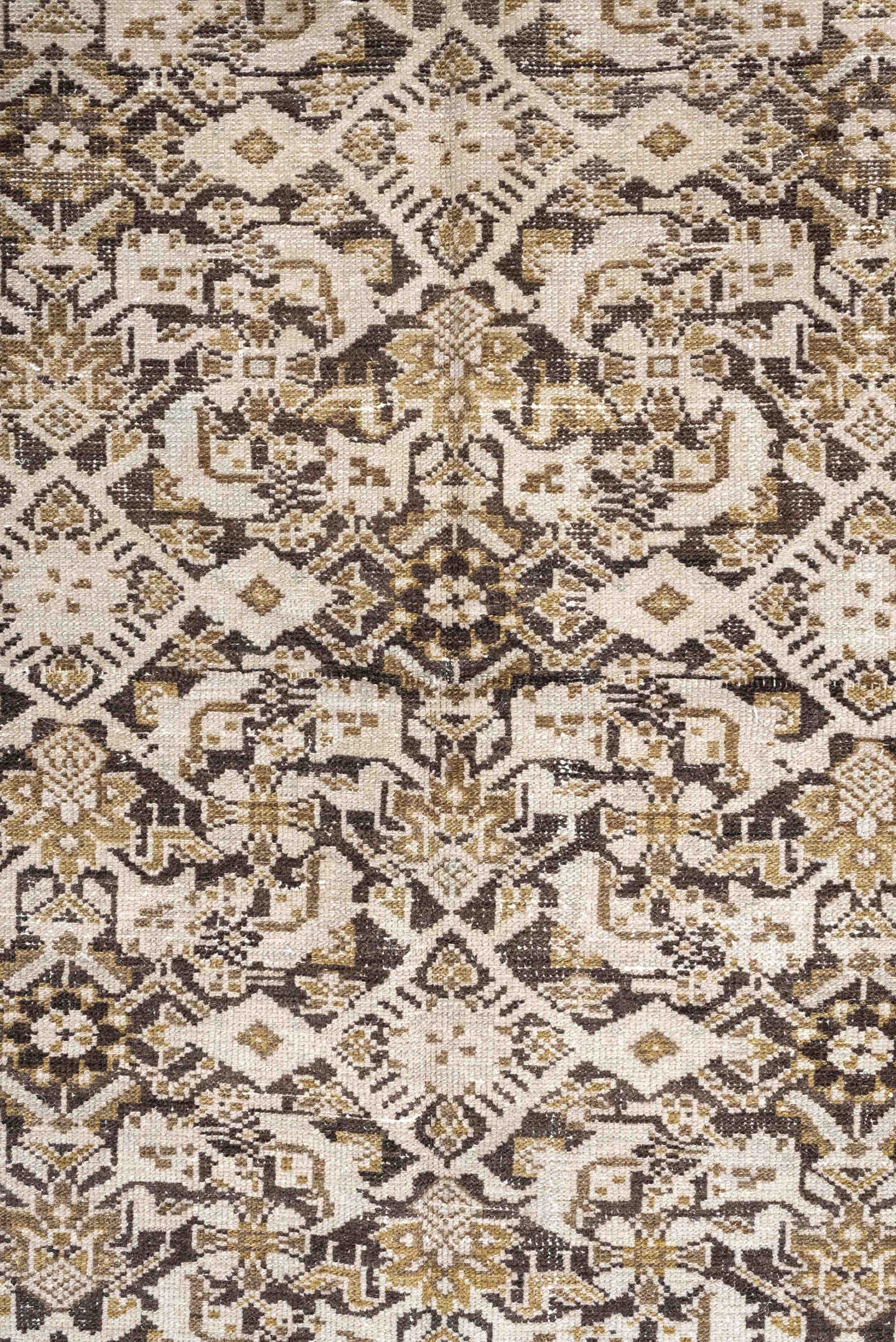 3' x 6' one-of-a-kind handmade antique Malayer small size rug. Color palette: ivory, taupe, camel, charcoal, gold, beige
