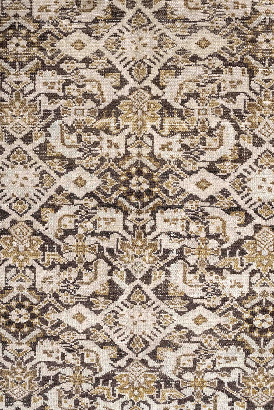 3' x 6' one-of-a-kind handmade antique Malayer small size rug. Color palette: ivory, taupe, camel, charcoal, gold, beige