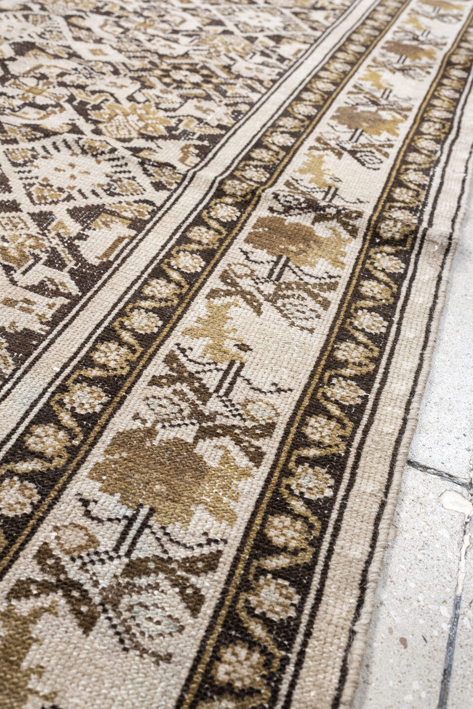 3' x 6' one-of-a-kind handmade antique Malayer small size rug. Color palette: ivory, taupe, camel, charcoal, gold, beige