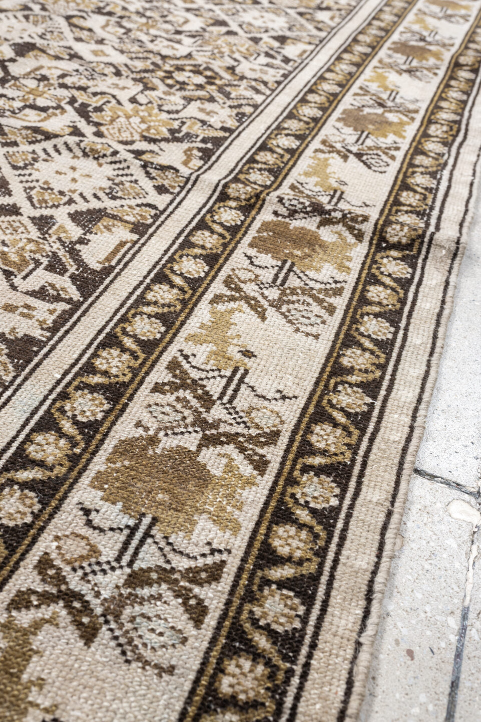 3' x 6' one-of-a-kind handmade antique Malayer small size rug. Color palette: ivory, taupe, camel, charcoal, gold, beige