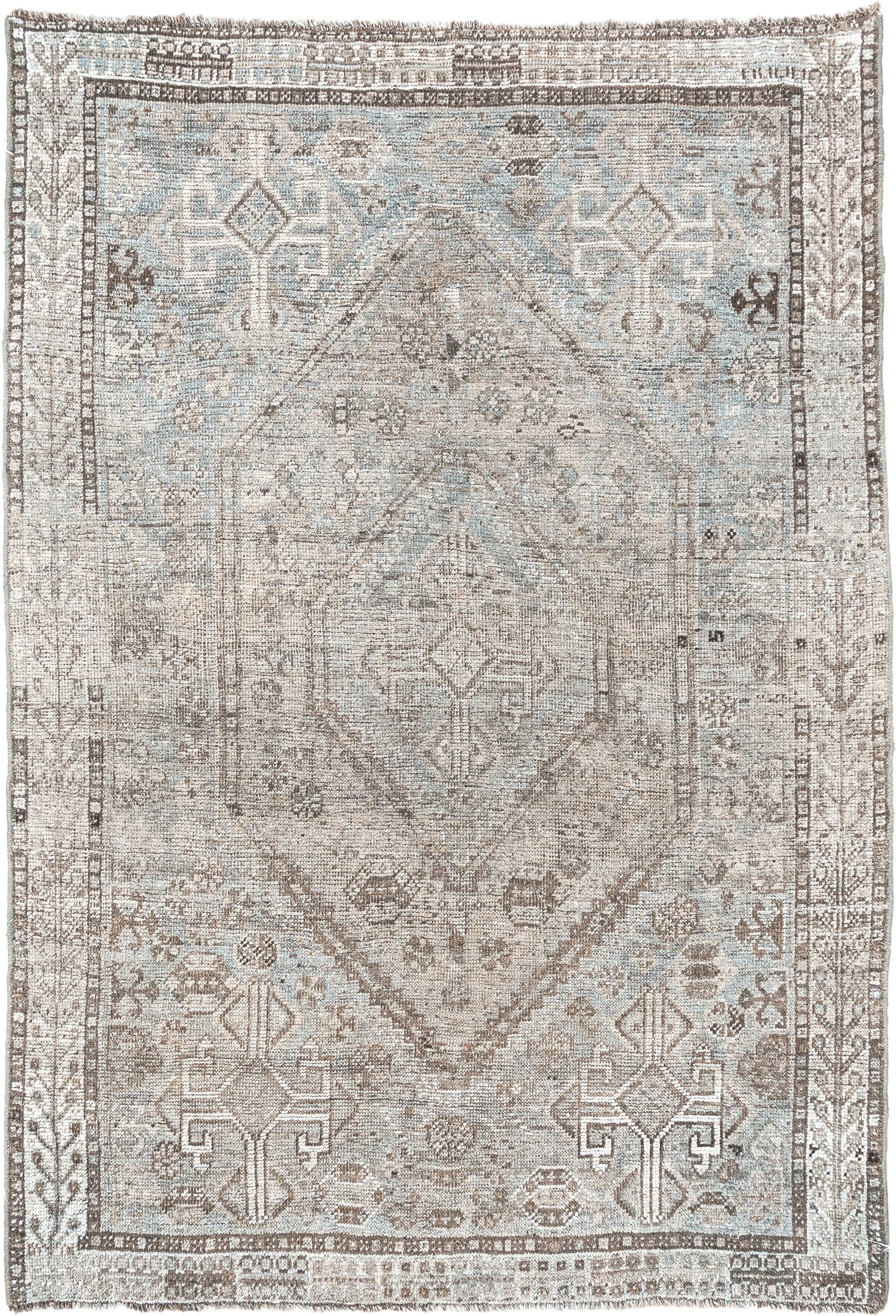 3' x 4' one-of-a-kind handmade antique Shiraz small size rug. Color palette: taupe, ivory, light blue, brown, beige, gray