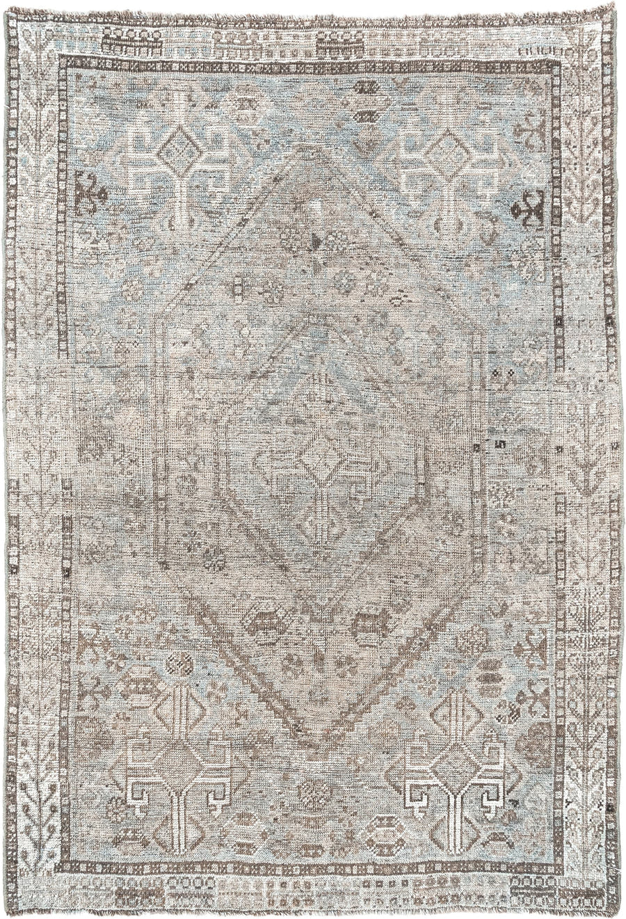 3' x 4' one-of-a-kind handmade antique Shiraz small size rug. Color palette: taupe, ivory, light blue, brown, beige, gray