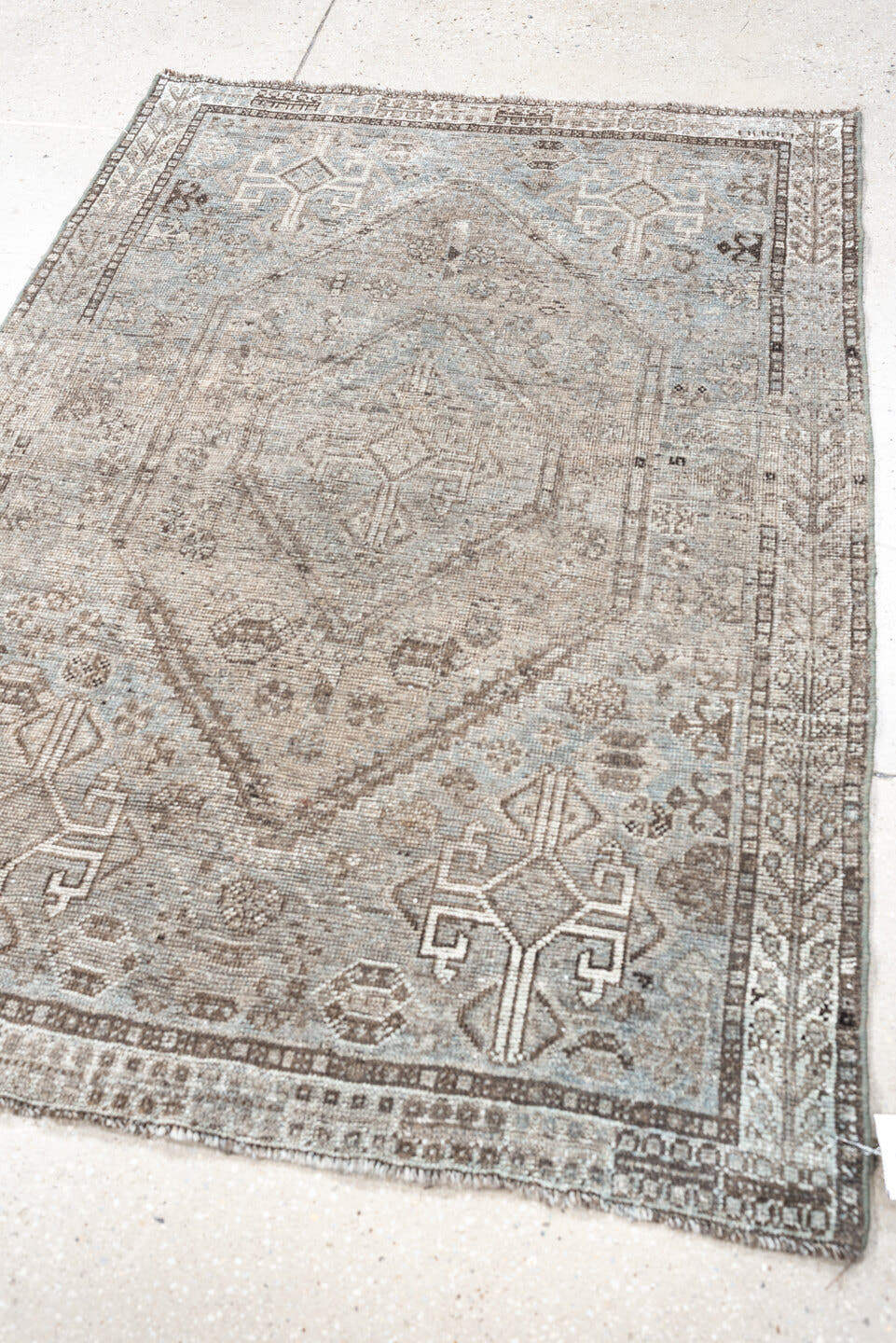 3' x 4' one-of-a-kind handmade antique Shiraz small size rug. Color palette: taupe, ivory, light blue, brown, beige, gray